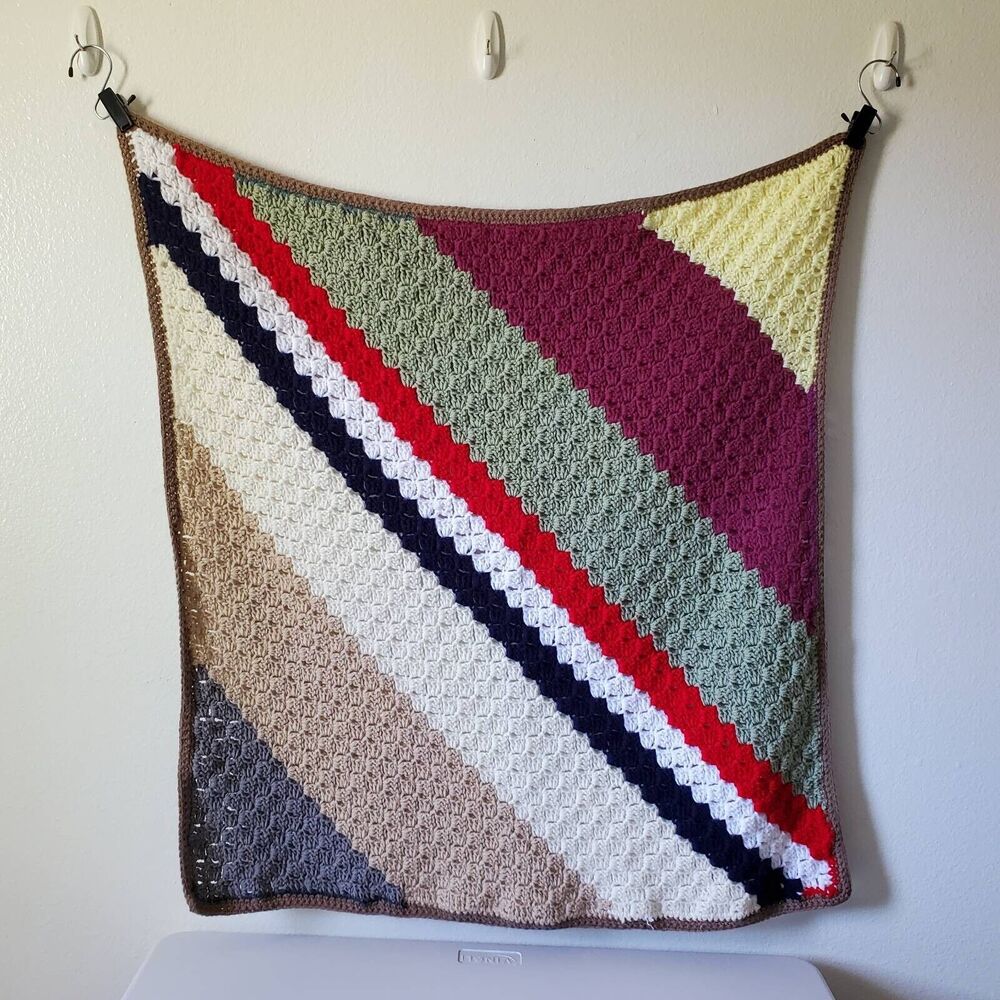 Hand Crocheted Afghan Throw Lap Blanket Toddler Youth Kids Striped 36 x 35 in